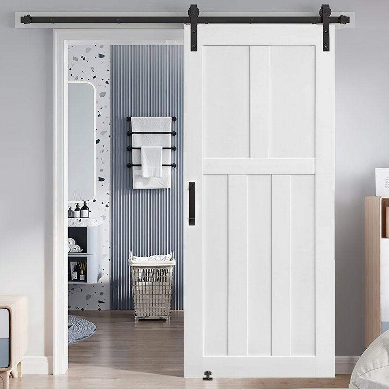 Cinq panneaux de porte apprêtés réels + quincaillerie de porte de grange de 6,6 pi + guide de plancher réglable + poignée à tirer, porte à panneaux bricolage sans finition, porte de grange intérieure moderne, résistante à l'humidité