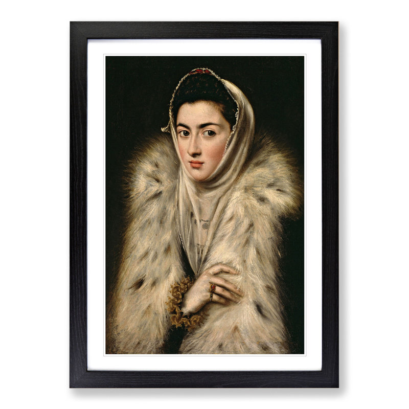 Lady in a Fur Wrap by El Greco - Picture Frame Painting, 48cm H x 36cm W x 2cm D, Black Framed