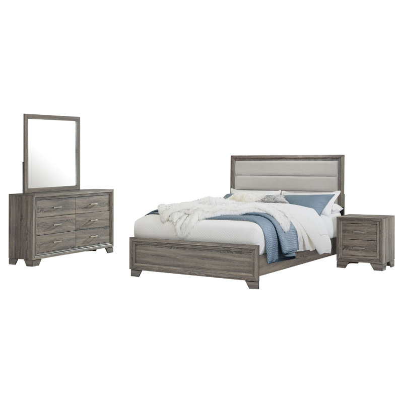 Ensemble de chambre avec grand lit 4 pièces Reay, tapissier, brun gris, Grand