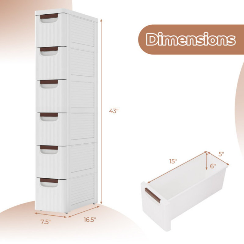 Armoire de rangement étroite à 6 tiroirs avec roulettes intégrées pour petits espaces