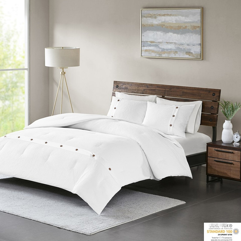 Édredon - Texture tissée gaufrée en coton, 3 pièces, lavable à la machine, boutons décoratifs, chambre à coucher moderne, chambre fonctionnelle