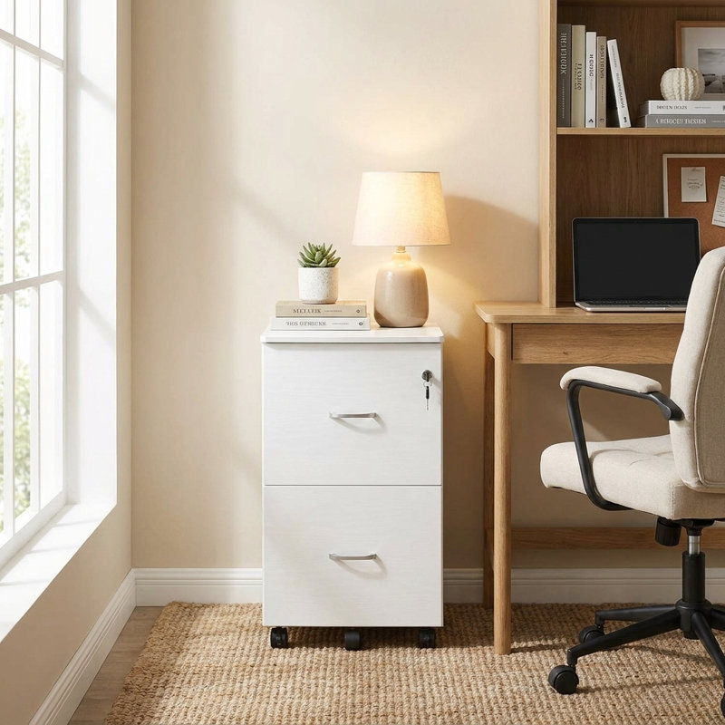 Classeur à 2 tiroirs, classeur verrouillable de 16,9 po de largeur pour le bureau à domicile, Blanc