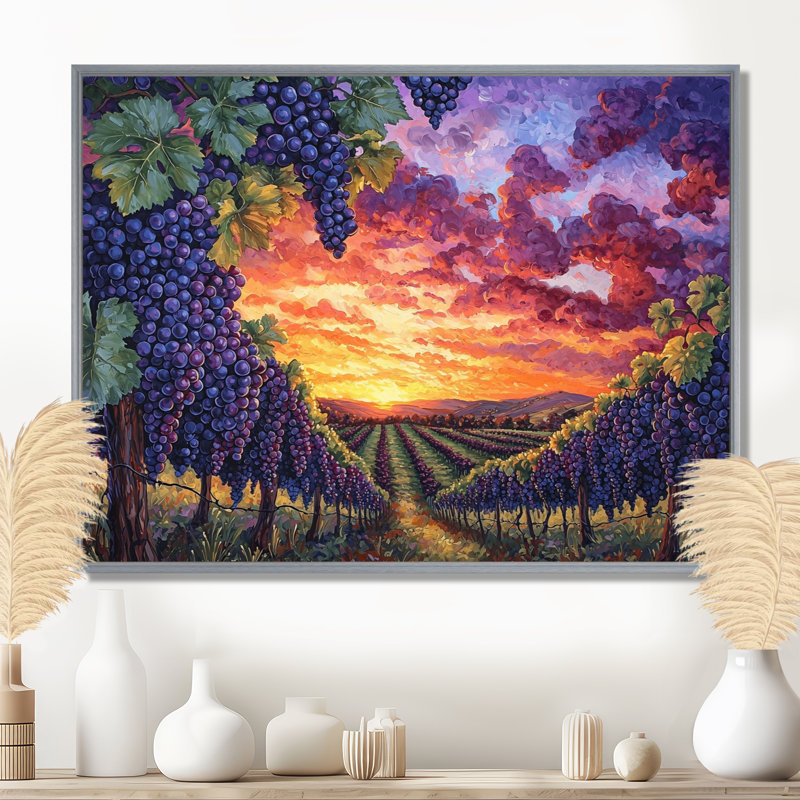 «Vineyard At California Sunset II», art mural vignoble, H 30 po x l 40 po, Cadre flottant, Argent argent