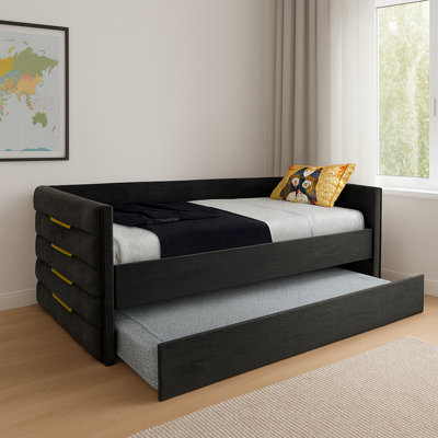 Modern Twin Size Daybed With Trundle, Upholstered Black Velvet Sofa Bed Frame With Gold Accents, Space-Saving Guest Bed For Bedroom Or Living Room by Everly Quinn