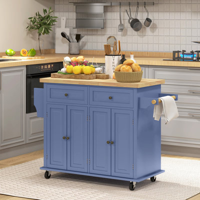 Kitchen Island on Wheels, Rolling Cart with Rubberwood Top, Spice Rack, Towel Rack and Drawers for Dining Room