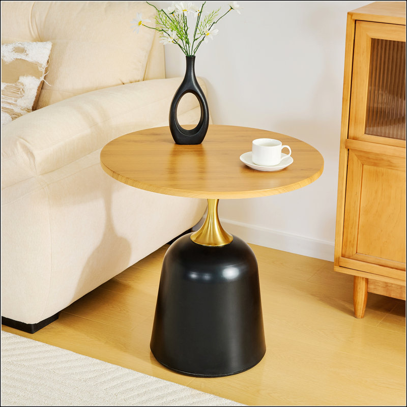 Table d'appoint circulaire de 23,6 pouces, table de salon à base en métal avec grain de bois, décoration moderne simple pour la maison et le bureau