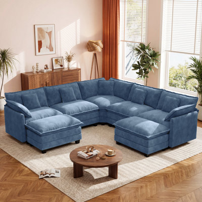 Mandurah 111.5" Modern 7 Seat Chenille L Shaped Modular Sectional Sofa With Two Ottomans