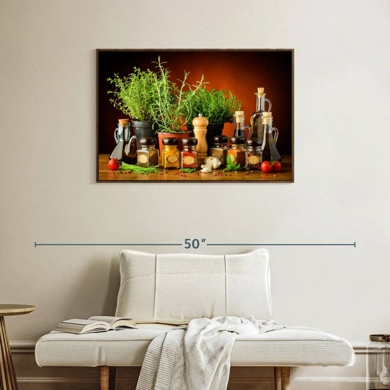 Cuisiner avec des épices et des herbes, 37 po x 25 po, Cadre flottant en noyer