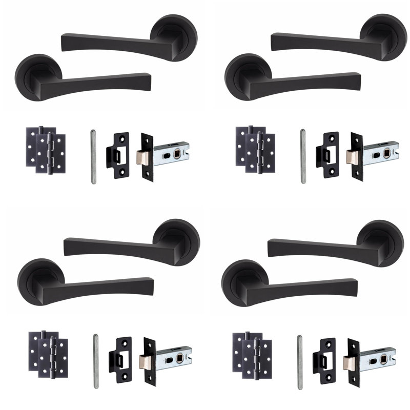 Golden Grace 4 Pairs Wave Design Door Handles Latch on Round Rose in Matt Black Finish with 2.5" Tubular Latch and 3" Ball Bearing Hinges - 52mm Diameter