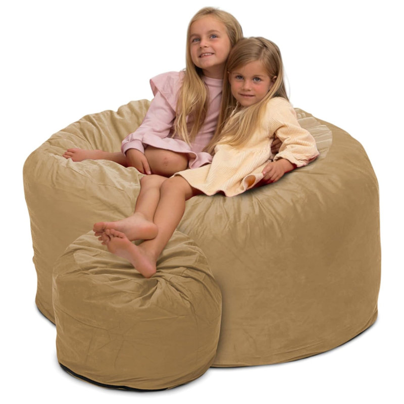 4ft Bean Bag Chair and Footstool, Oversized Lounger, Camel Suede