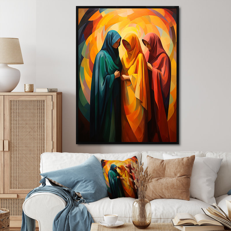 Jaune et orange, culture de la prière de l'Islam 1 - Art mural, Cadre flottant noir, H 40 po x l 30 po x P 1,5 po