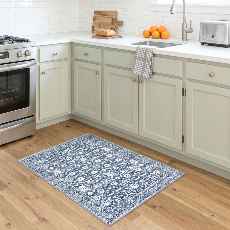 Vintage Floral Printed Washable Area Rug Non-Slip Blue Rugs for Living Room Bedroom Dining Room, Rectangle 2' x 3'