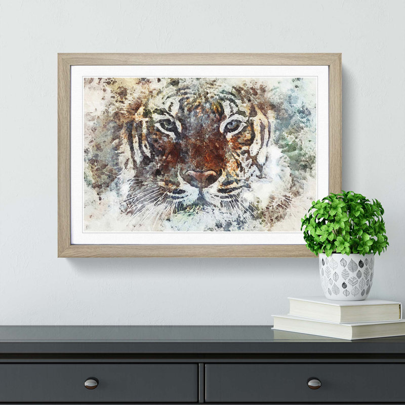 Tiger in the Blue in Abstract - Picture Frame Painting Print on MDF, Oak Framed, 36cm H x 48cm W x 2cm D