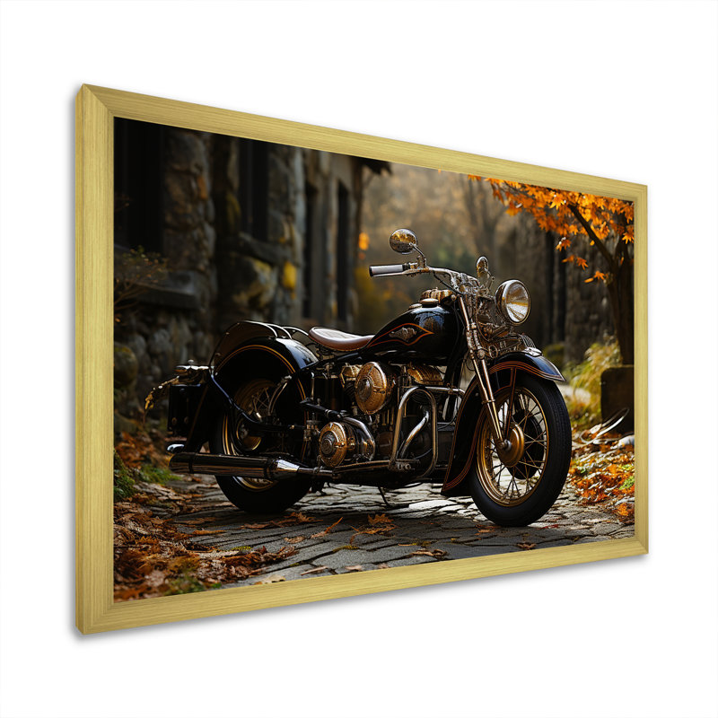 " Motorcycle Charm In Winter ", Gold Picture Framed, 16" H x 32" W x 1" D