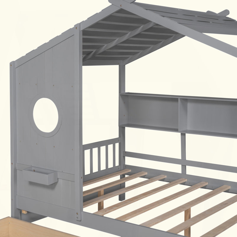 Lit en bois avec 2 tiroirs, lit pour enfant avec tablette de rangement, Gris, Double