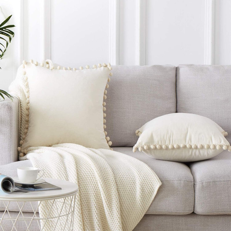 Cream Velvet Throw Pillow Covers with Pom-poms, 22x22 Inch, Set of 2