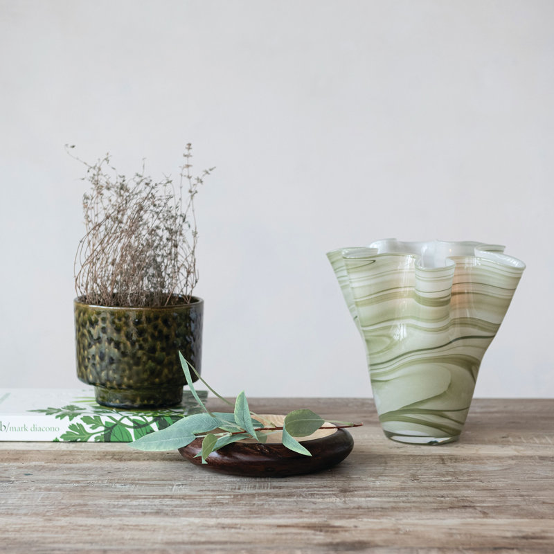 Round Hand-Blown Glass Ruffled Vase With Swirled Design