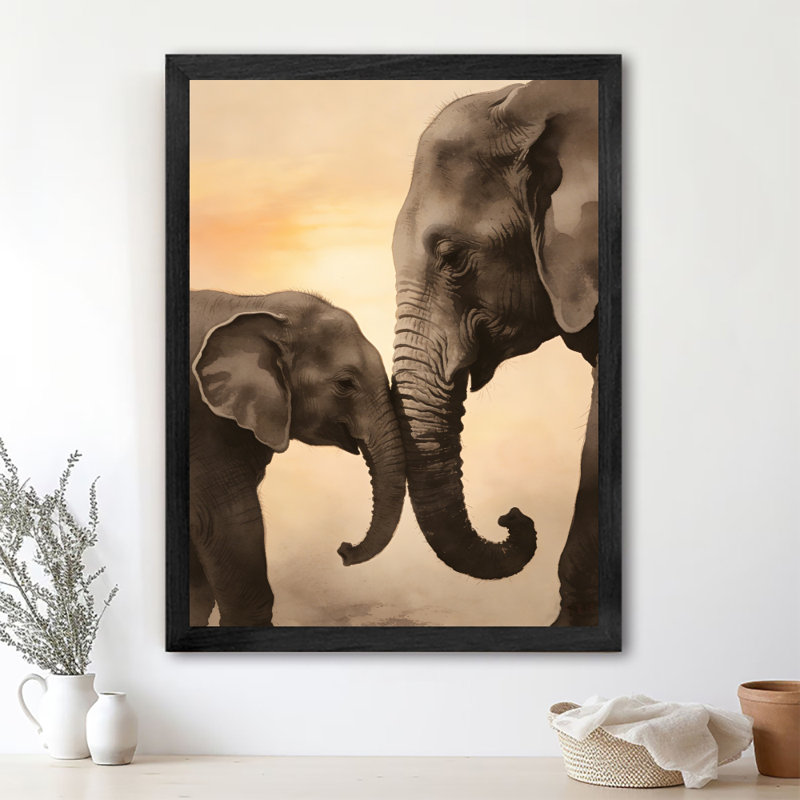 Art encadré noir «A Mother's Love: Mother and Baby Elephant Wall Art Realism», impressions encadrées, H 25 po x l 17 po