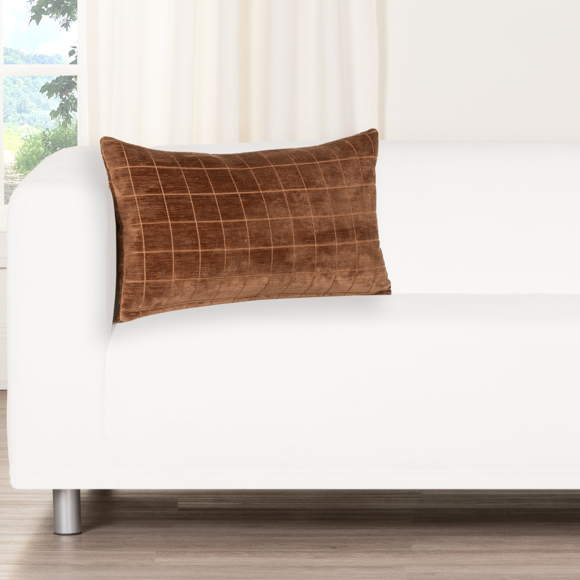 Otterville Velvet Grid Lumbar Pillow, Polyester, 14"H x 26"W, Nutmeg Geometric
