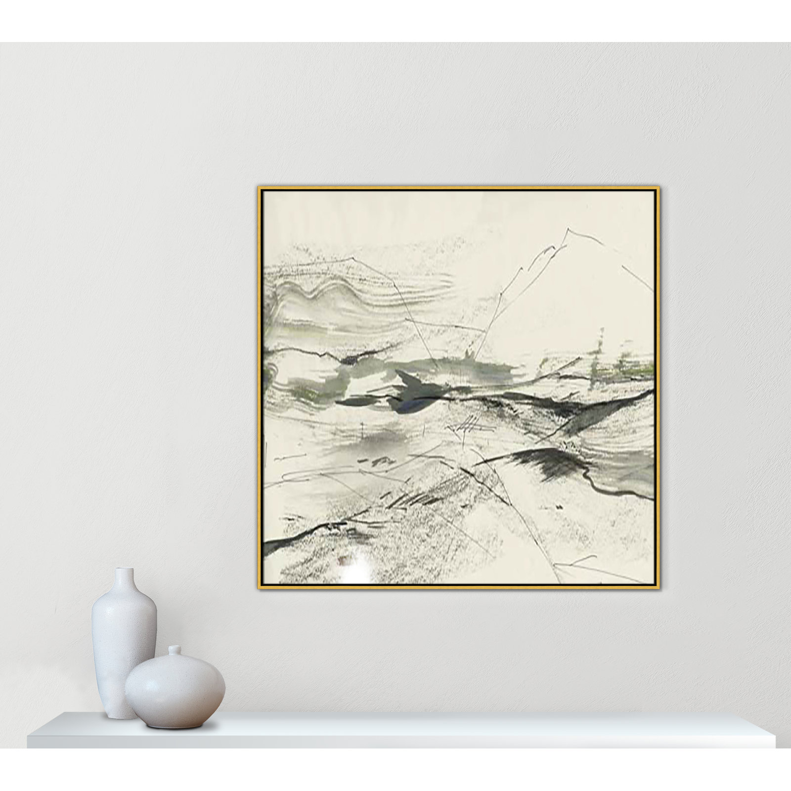 Green Sketches, 46.5" H x 46.5" W x 2" D, Gold Floater Framed