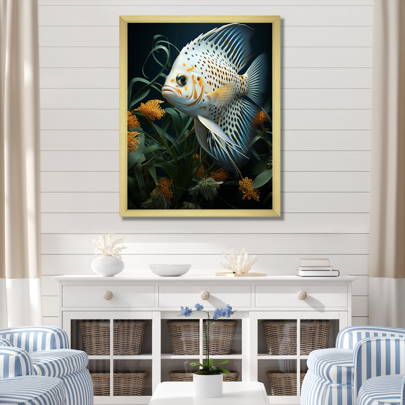 «White Classical Buttefly Fish Symphony», art mural poisson papillon, Cadre doré simple, H 32 po x l 24 po x P 1 po