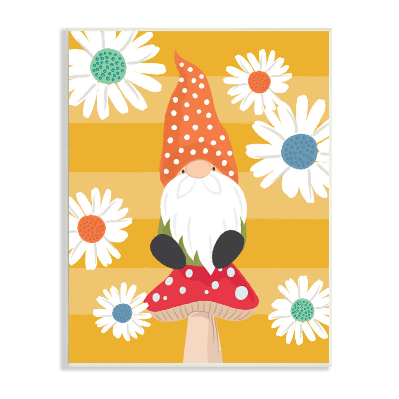 Gnome de champignon, marguerites blanches, rayures jaunes par - impression, Bois, H 19 po x l 13 po x P 1 po