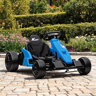 Kart électrique avec deux moteurs, finition bleue, siège réglable et sécurité de démarrage lent pour la course en plein air