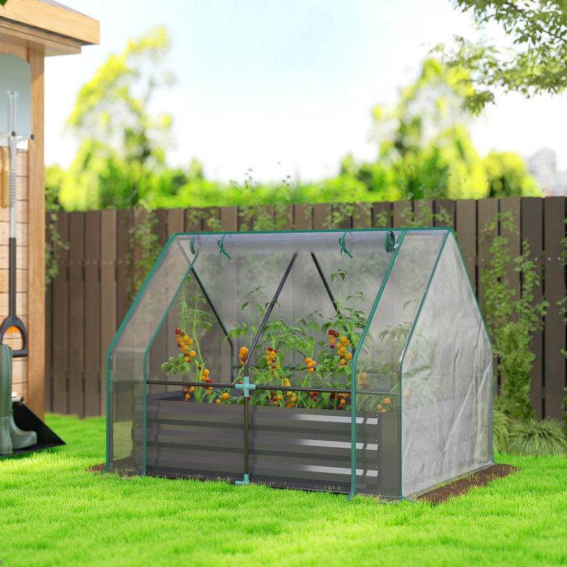 4 X 3 X 1Ft Raised Garden Bed With Mini Greenhouse, Galvanized Raised Garden Bed With Cover, Clear And Dark Gray