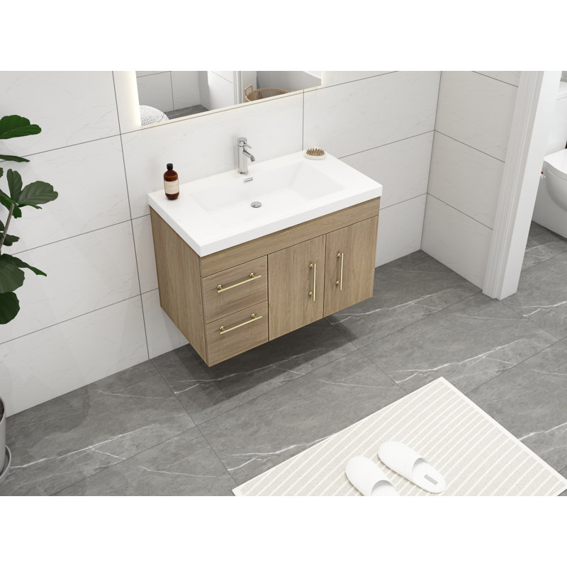 Carliss 35.5'' Single Bathroom Vanity with Acrylic Top, White/Oak, Gold