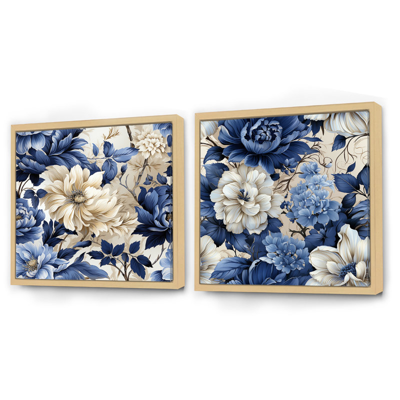 Victorien bleu cobalt feuillage victorien, Cadre flottant brun, H 36 po x l 73 po