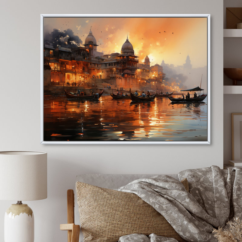 Indian Art Sunset At - Art mural indien, Cadre flottant blanc, H 24 po x l 32 po x P 1 po