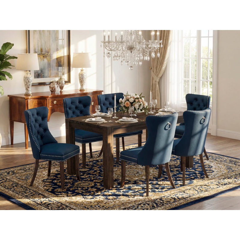 7 Piece Modern Dining Table Set Consists of a Rectangle Rustic Wood Table and 6 Polyester Fabric Upholstered Chairs, 36x60 Inch, Distressed Jacobean