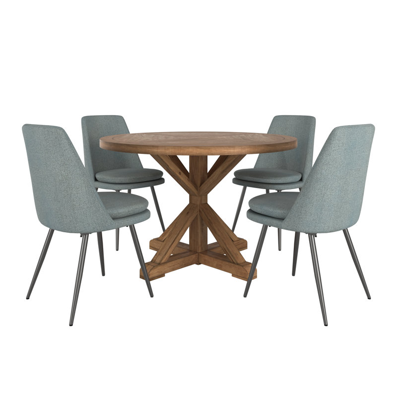 Ceri Rustic X-Base 48" Round Dining Table Set -Table And 4 Chenille Fabric Chairs, Blue/Black, Brown