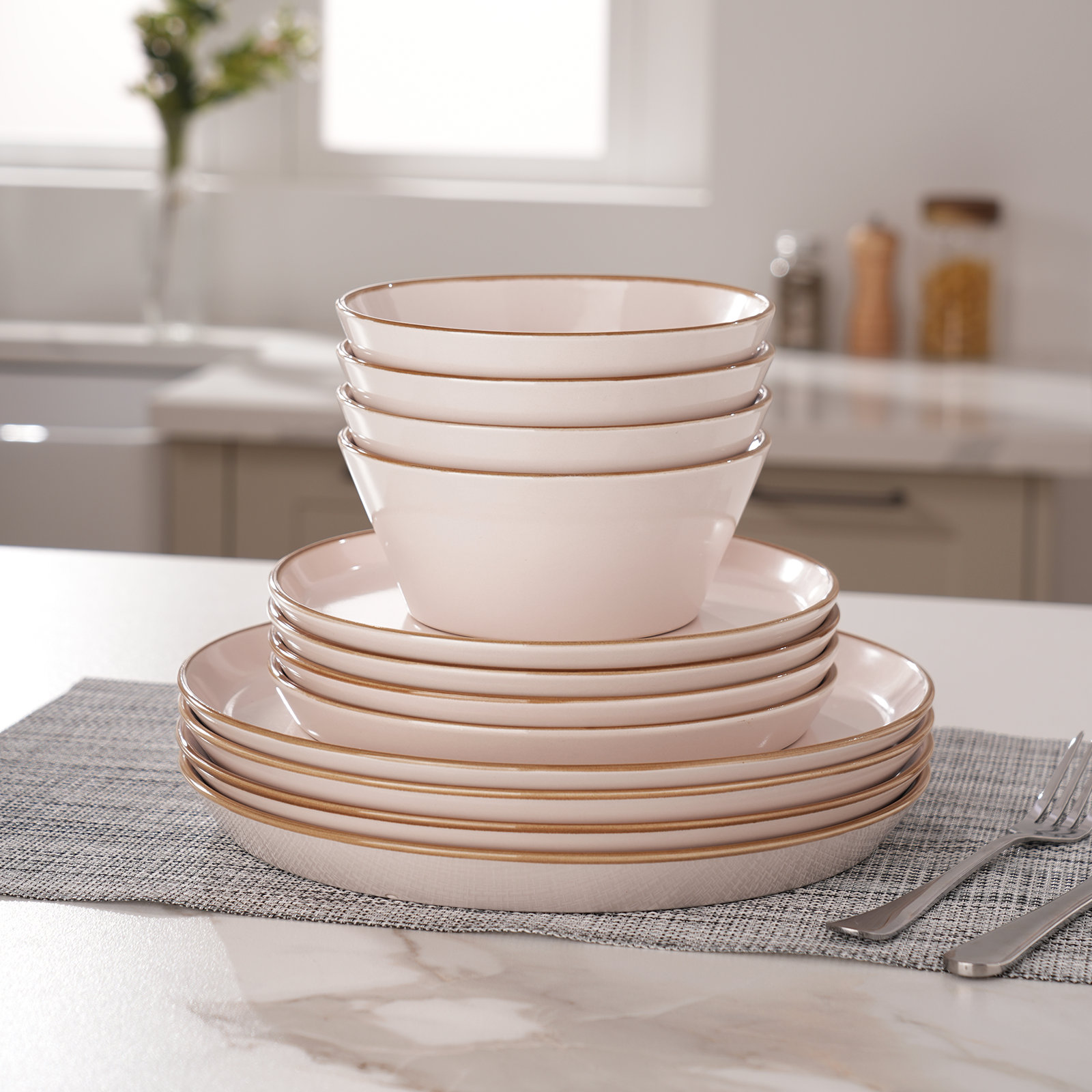 Stoneware Dinnerware Set, Light Pink