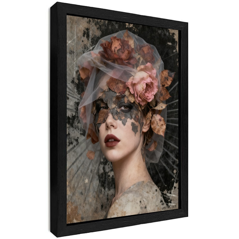 Art mural noir rétro avec femme et nature, impression de style surréel foncé, H 11 po x l 9 po