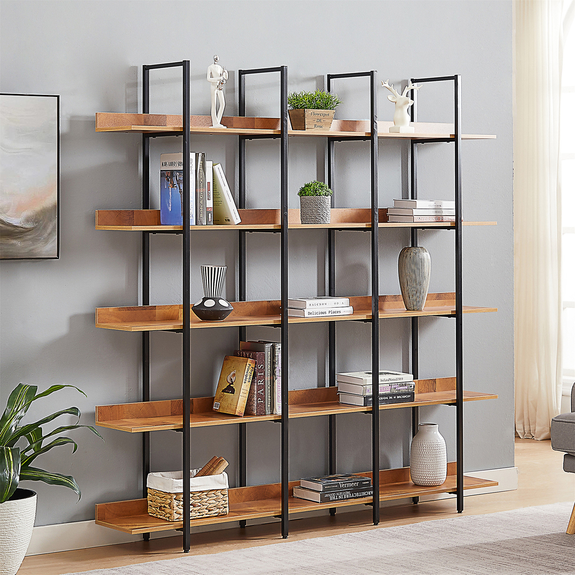 Latitude Run® 5 Tier Bookcase Home Office Bookshelf, Industrial Style ...