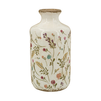 D5.3X10.5" Ceramic Cylinder Vase With Multi-Colored Floral Motifs
