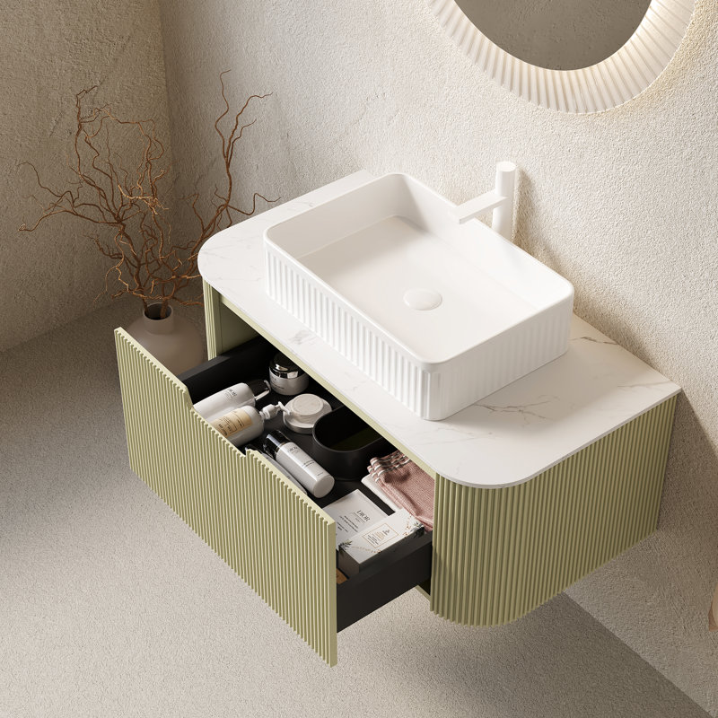Meuble-lavabo mural de 36 po avec conception flottante, armoire rayée, lavabo rectangulaire blanc, couleur, contreplaqué haute résistance, espace de tiroir généreux, système de fermeture en douceur, rangement facile à installer,