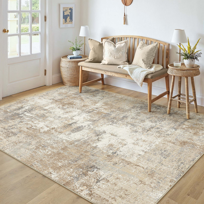 Tapis lavable moderne abstrait or grisâtre, Or grisâtre, Rectangle 5 pi x 7 pi