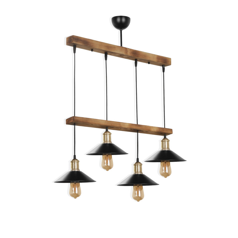 Lustre 4 lumières en bois à hauteur réglable avec capuchon en métal