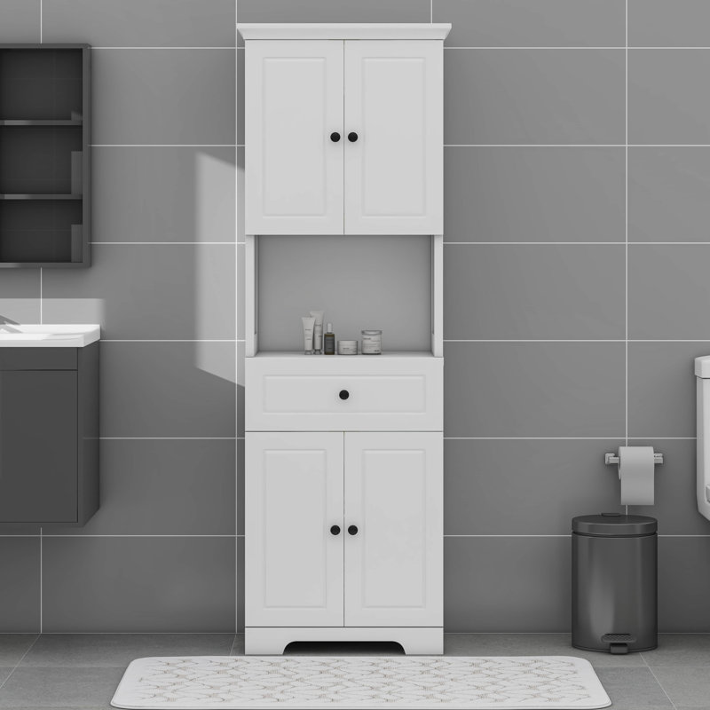 Grande armoire de rangement pour salle de bain avec quatre portes et un grand espace de rangement ouvert