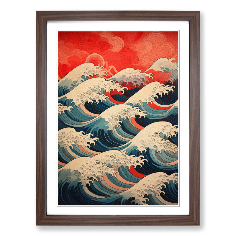 Wave Japanese Geometric - Single Picture Frame Print on Wood, Walnut Framed, 64cm H x 46cm W