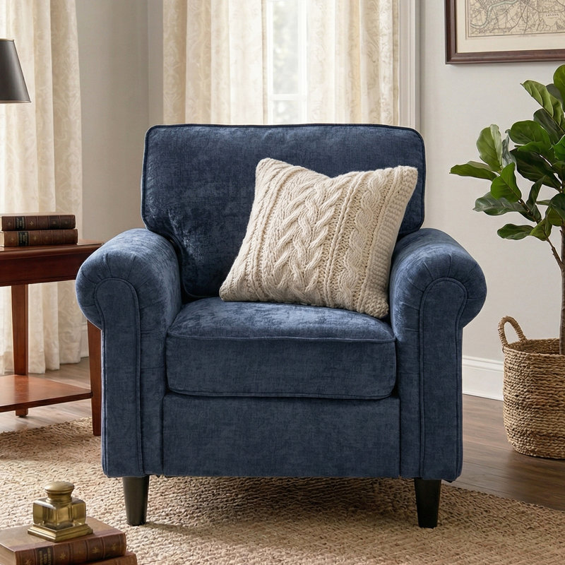 Luelle Upholstered Rolled Arm Accent Chair, Blue Chenille