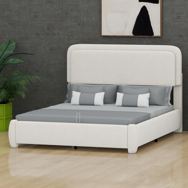 Modern Platform Bed with Customizable Curved Cloud Headboard and Bouclé Upholstery