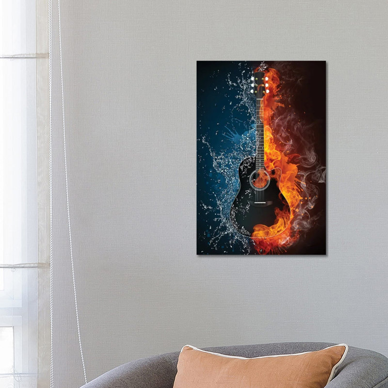 Acoustic Guitar Fire And Water - Print on Canvas, Wrapped Canvas, 30.48 cm H x 45.72 cm W