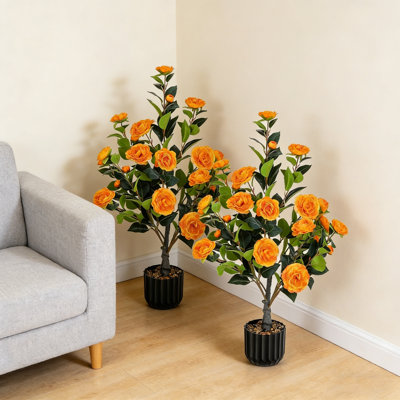 2 pièces de camélia artificiel, plante de camélia artificielle en pot avec fleurs oranges de 36 po, plante artificielle en pot pour la décoration intérieure et extérieure d'un porche, orange