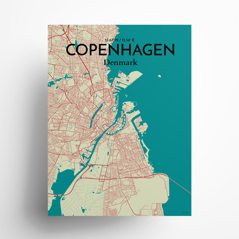 Copenhagen City Map In Tricolour - No Frame Print, 24cm H x 18cm W x 0.05cm D