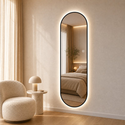 LED Full-Length Wall Mirror with Black Frame and Dimmable Lighting, Vertical Mount for Bedroom, Dressing Room or Entryway