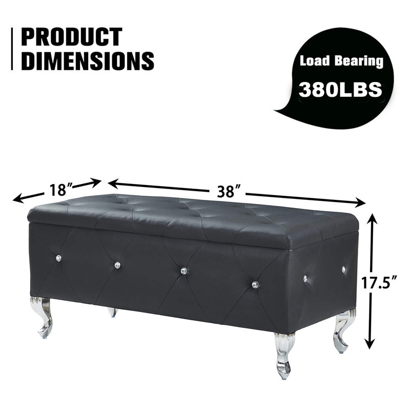 Upholstered Storage Ottoman Bench For Bedroom End Of Bed Faux Leather Rectangular Storage Benches Footrest With Crystal Buttons For Living Room Entryway (Silver)
