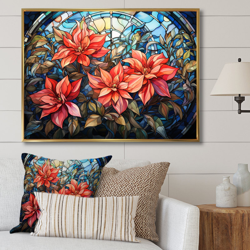Vitrail poinsettia II - impression, H 24 po x l 32 po x P 1 po, Cadre flottant doré